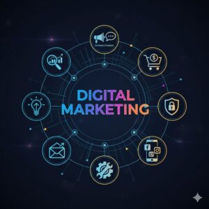 A creative digital marketing infographic showcasing essential online marketing techniques such as SEO, content creation, social media, email marketing, analytics, e-commerce, and website optimization connected in a modern digital network.